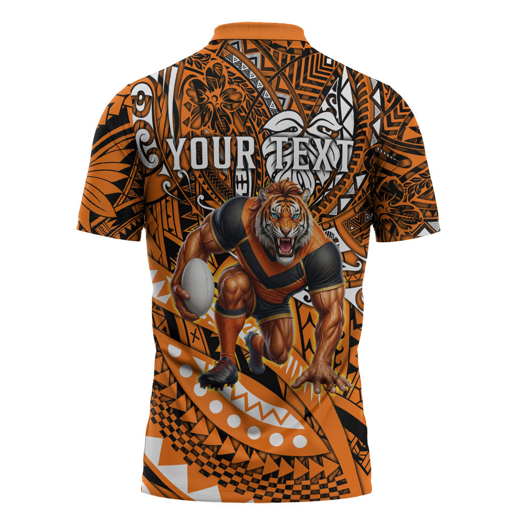 Personalised Wests Tigers Zipper Polo Shirt Polynesian Tribal Art Style With Powerful Tiger Mascot