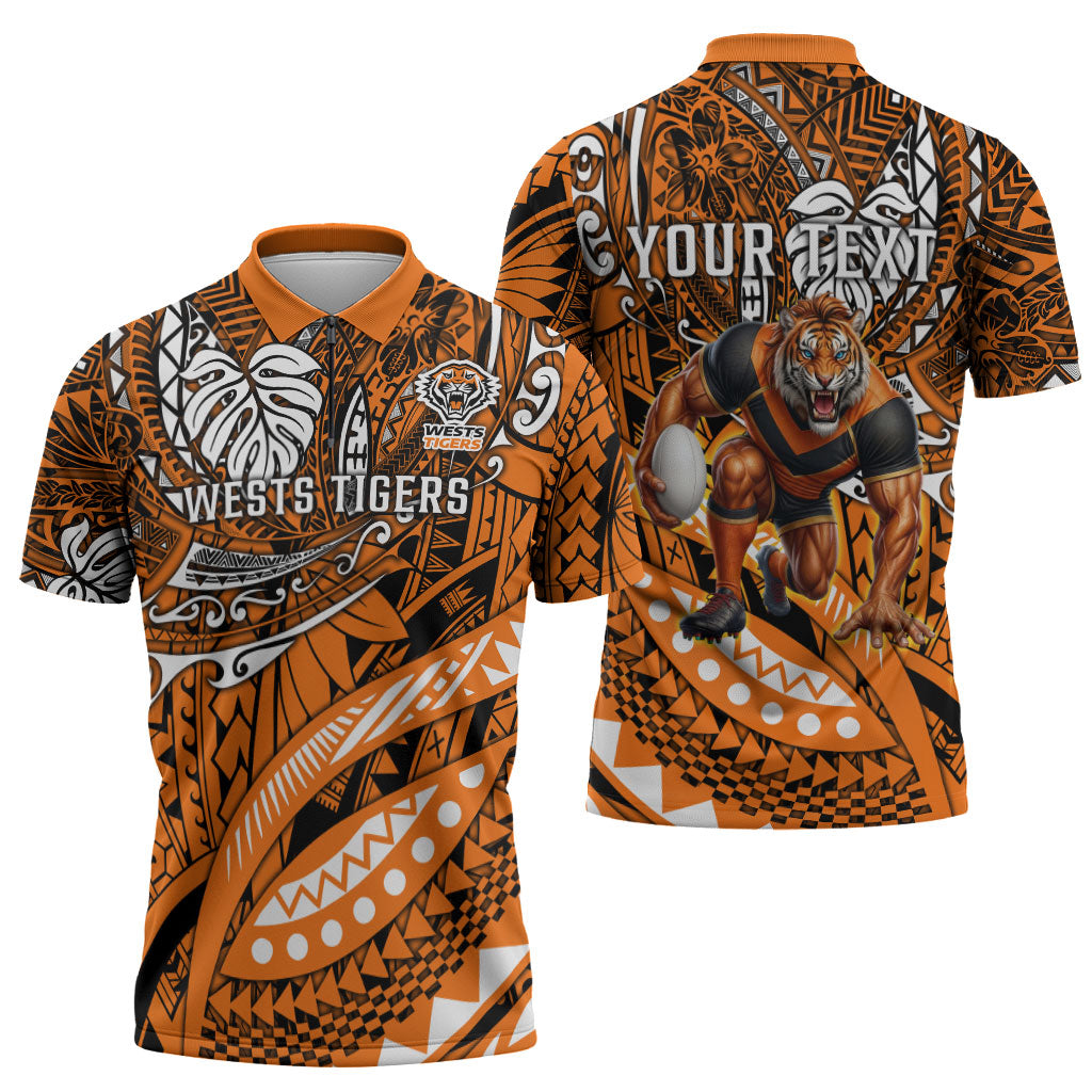 Personalised Wests Tigers Zipper Polo Shirt Polynesian Tribal Art Style With Powerful Tiger Mascot