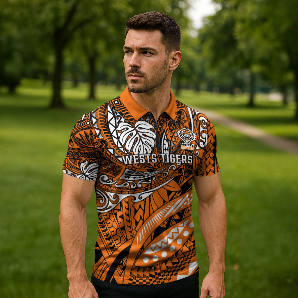 Personalised Wests Tigers Zipper Polo Shirt Polynesian Tribal Art Style With Powerful Tiger Mascot