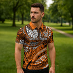 Personalised Wests Tigers Zipper Polo Shirt Polynesian Tribal Art Style With Powerful Tiger Mascot