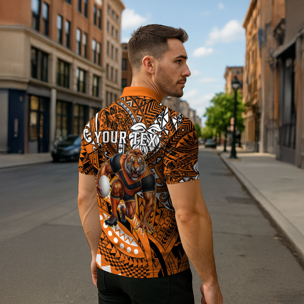 Personalised Wests Tigers Zipper Polo Shirt Polynesian Tribal Art Style With Powerful Tiger Mascot