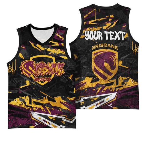 Personalized Brisbane Broncos Basketball Jersey Graffiti Grunge Abstract Urban Street Style Design