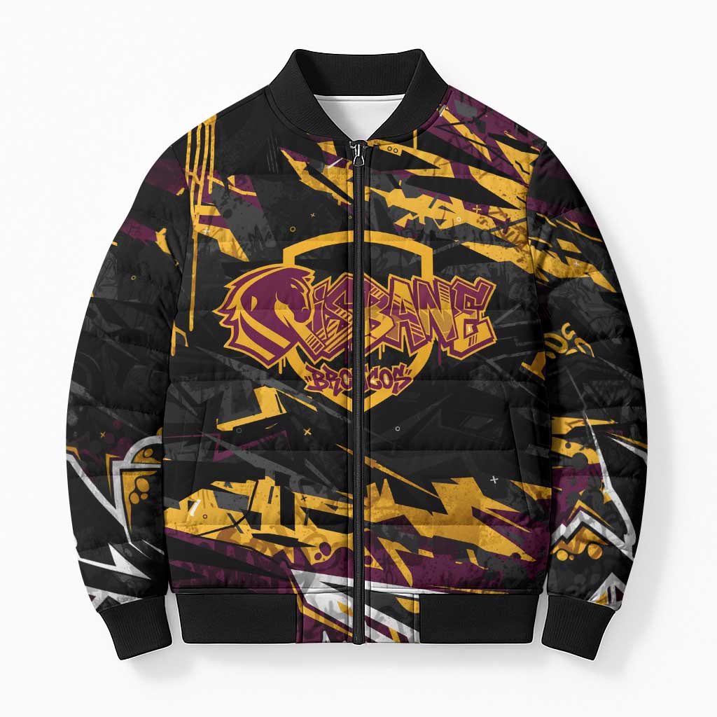 Personalized Brisbane Broncos Bomber Puffer Jacket Graffiti Grunge Abstract Urban Street Style Design