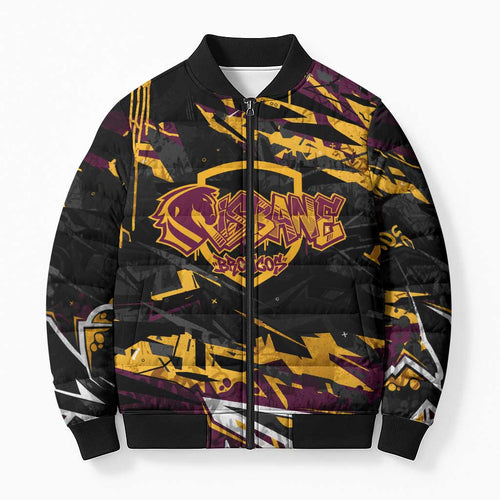 Personalized Brisbane Broncos Bomber Puffer Jacket Graffiti Grunge Abstract Urban Street Style Design