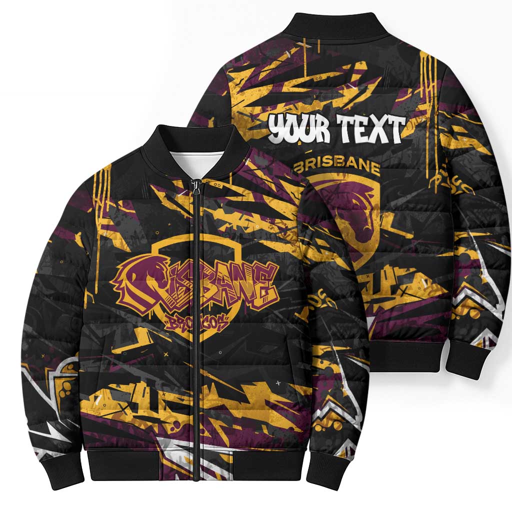 Personalized Brisbane Broncos Bomber Puffer Jacket Graffiti Grunge Abstract Urban Street Style Design