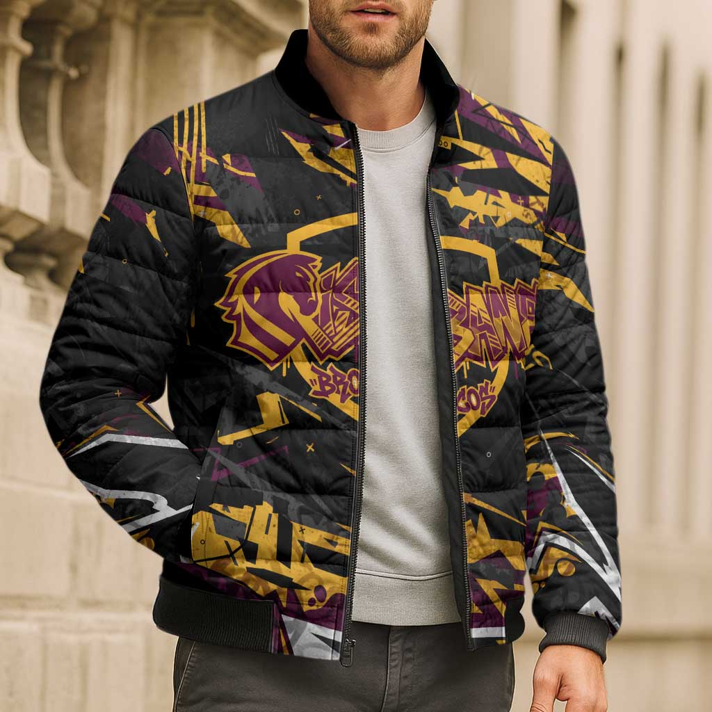 Personalized Brisbane Broncos Bomber Puffer Jacket Graffiti Grunge Abstract Urban Street Style Design