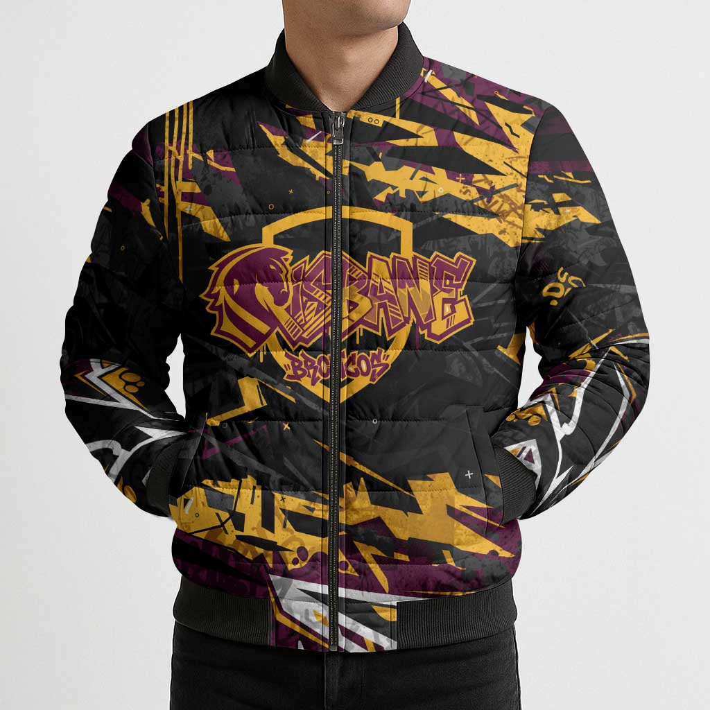 Personalized Brisbane Broncos Bomber Puffer Jacket Graffiti Grunge Abstract Urban Street Style Design