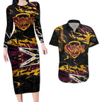 Personalized Brisbane Broncos Couples Matching Long Sleeve Bodycon Dress and Hawaiian Shirt Graffiti Grunge Abstract Urban Street Style Design