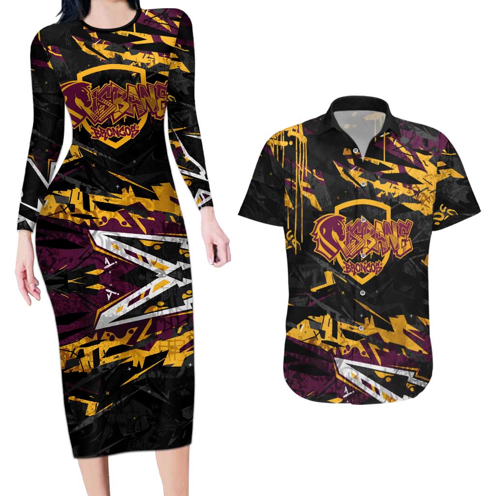 Personalized Brisbane Broncos Couples Matching Long Sleeve Bodycon Dress and Hawaiian Shirt Graffiti Grunge Abstract Urban Street Style Design