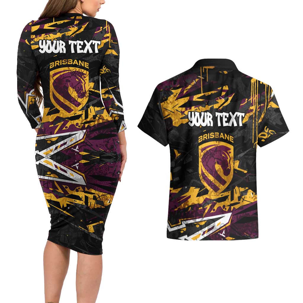 Personalized Brisbane Broncos Couples Matching Long Sleeve Bodycon Dress and Hawaiian Shirt Graffiti Grunge Abstract Urban Street Style Design