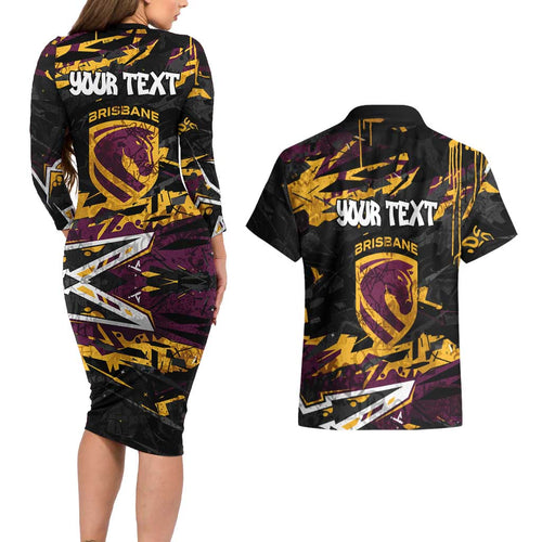 Personalized Brisbane Broncos Couples Matching Long Sleeve Bodycon Dress and Hawaiian Shirt Graffiti Grunge Abstract Urban Street Style Design