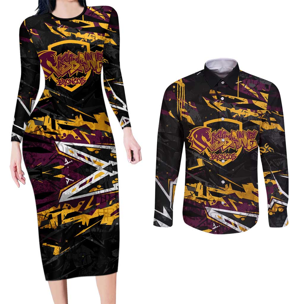 Personalized Brisbane Broncos Couples Matching Long Sleeve Bodycon Dress and Long Sleeve Button Shirt Graffiti Grunge Abstract Urban Street Style Design