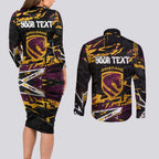 Personalized Brisbane Broncos Couples Matching Long Sleeve Bodycon Dress and Long Sleeve Button Shirt Graffiti Grunge Abstract Urban Street Style Design