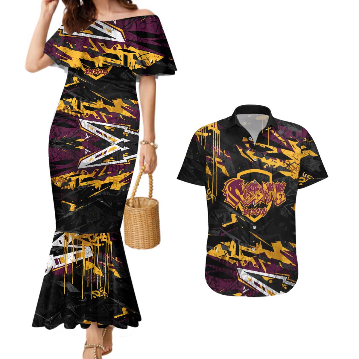 Personalized Brisbane Broncos Couples Matching Mermaid Dress and Hawaiian Shirt Graffiti Grunge Abstract Urban Street Style Design