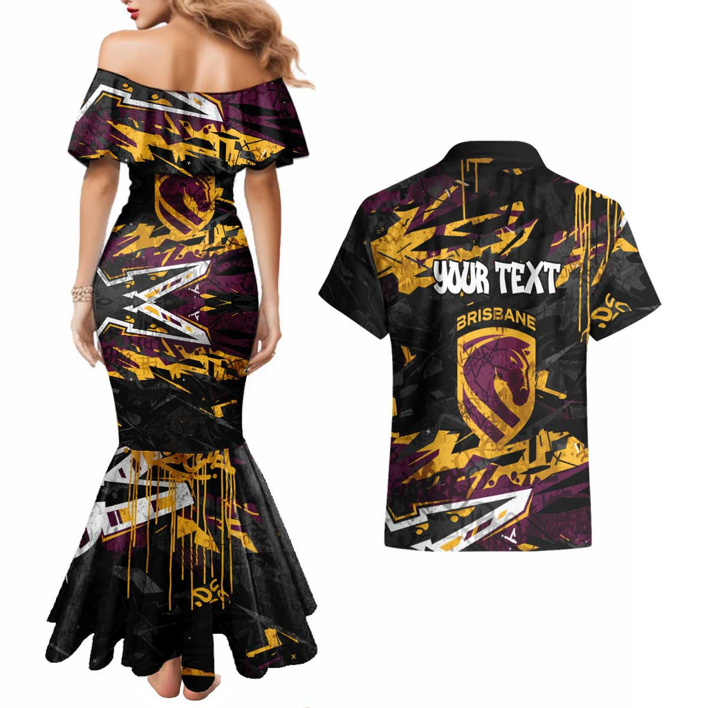 Personalized Brisbane Broncos Couples Matching Mermaid Dress and Hawaiian Shirt Graffiti Grunge Abstract Urban Street Style Design