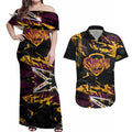 Personalized Brisbane Broncos Couples Matching Off Shoulder Maxi Dress and Hawaiian Shirt Graffiti Grunge Abstract Urban Street Style Design