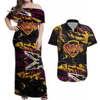 Personalized Brisbane Broncos Couples Matching Off Shoulder Maxi Dress and Hawaiian Shirt Graffiti Grunge Abstract Urban Street Style Design