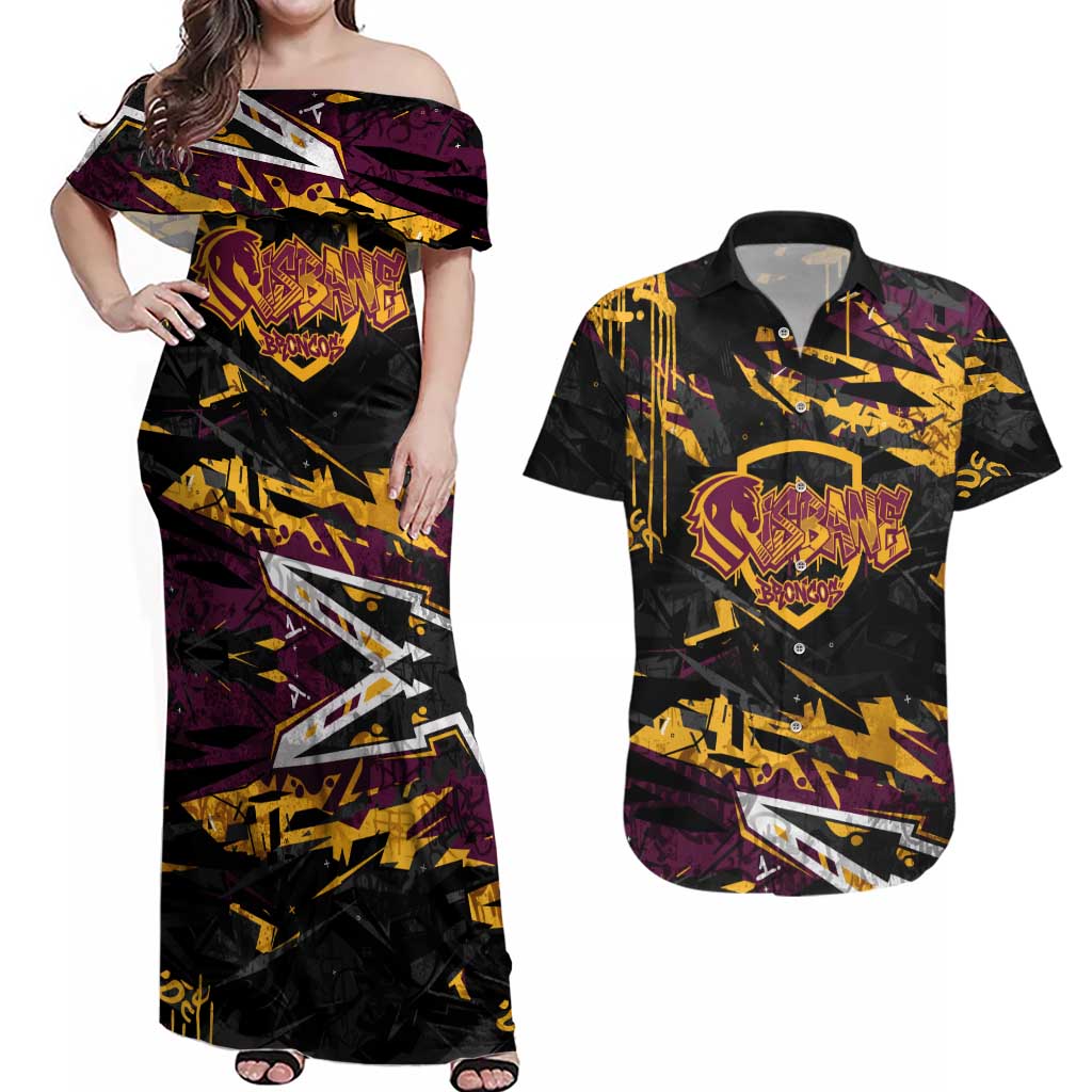 Personalized Brisbane Broncos Couples Matching Off Shoulder Maxi Dress and Hawaiian Shirt Graffiti Grunge Abstract Urban Street Style Design