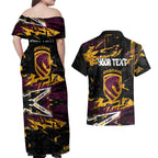 Personalized Brisbane Broncos Couples Matching Off Shoulder Maxi Dress and Hawaiian Shirt Graffiti Grunge Abstract Urban Street Style Design