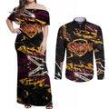 Personalized Brisbane Broncos Couples Matching Off Shoulder Maxi Dress and Long Sleeve Button Shirt Graffiti Grunge Abstract Urban Street Style Design