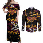 Personalized Brisbane Broncos Couples Matching Off Shoulder Maxi Dress and Long Sleeve Button Shirt Graffiti Grunge Abstract Urban Street Style Design