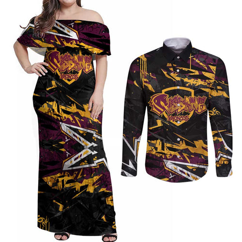 Personalized Brisbane Broncos Couples Matching Off Shoulder Maxi Dress and Long Sleeve Button Shirt Graffiti Grunge Abstract Urban Street Style Design