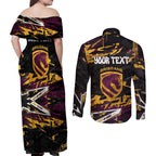 Personalized Brisbane Broncos Couples Matching Off Shoulder Maxi Dress and Long Sleeve Button Shirt Graffiti Grunge Abstract Urban Street Style Design