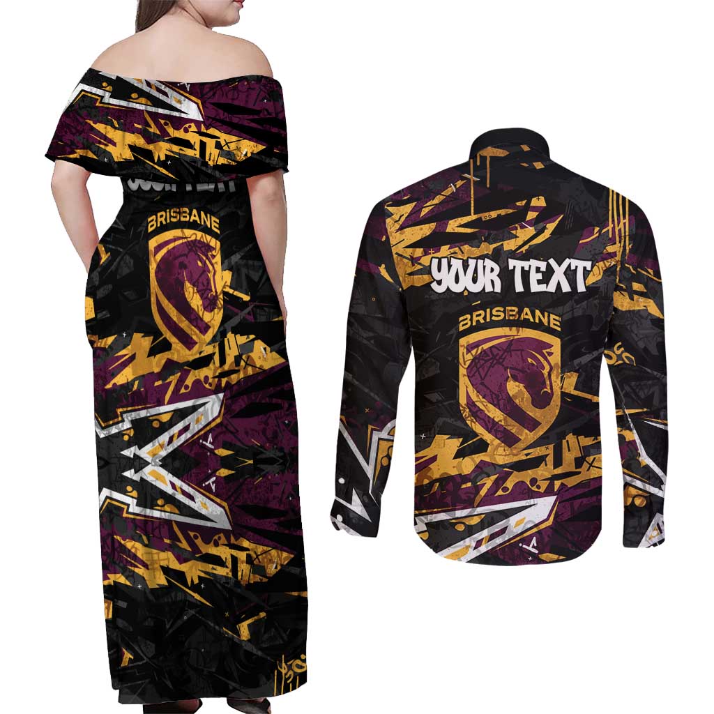 Personalized Brisbane Broncos Couples Matching Off Shoulder Maxi Dress and Long Sleeve Button Shirt Graffiti Grunge Abstract Urban Street Style Design