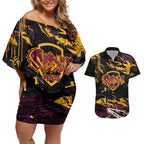 Personalized Brisbane Broncos Couples Matching Off Shoulder Short Dress and Hawaiian Shirt Graffiti Grunge Abstract Urban Street Style Design