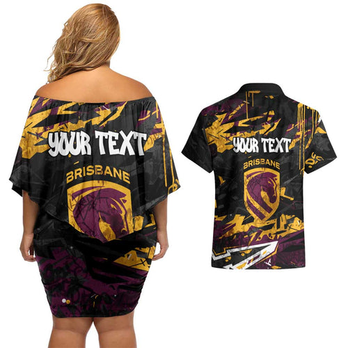 Personalized Brisbane Broncos Couples Matching Off Shoulder Short Dress and Hawaiian Shirt Graffiti Grunge Abstract Urban Street Style Design