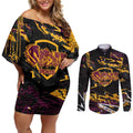 Personalized Brisbane Broncos Couples Matching Off Shoulder Short Dress and Long Sleeve Button Shirt Graffiti Grunge Abstract Urban Street Style Design