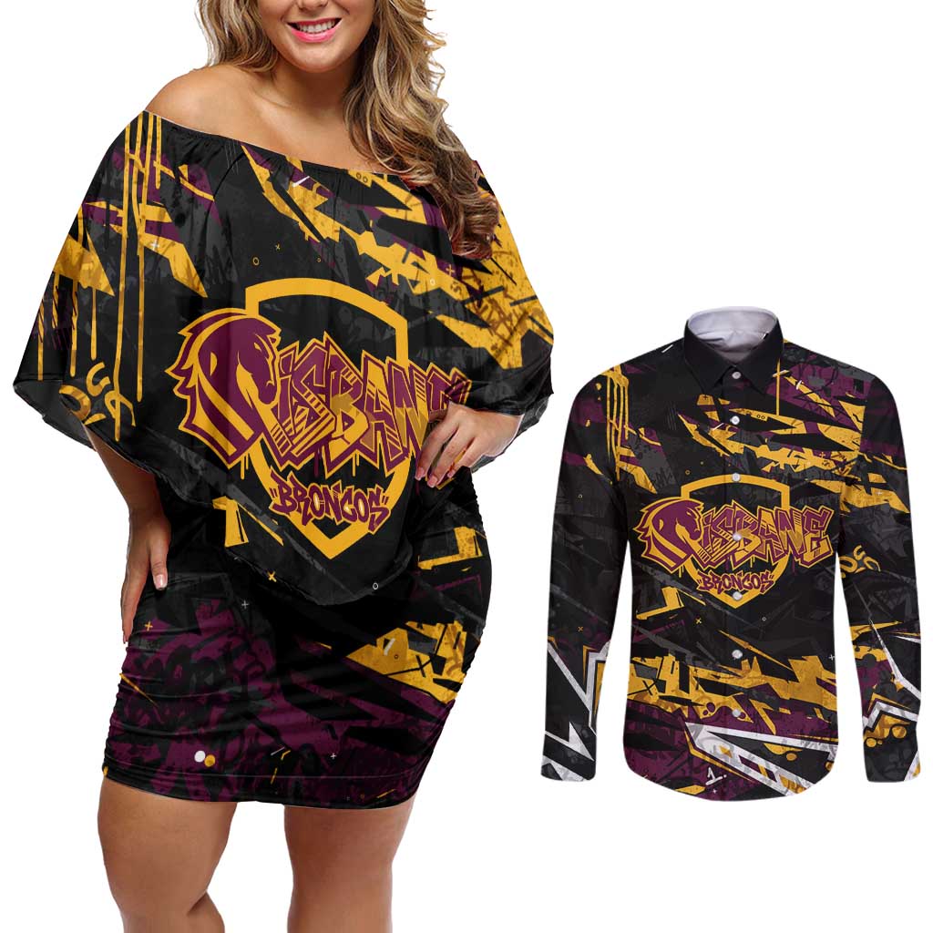 Personalized Brisbane Broncos Couples Matching Off Shoulder Short Dress and Long Sleeve Button Shirt Graffiti Grunge Abstract Urban Street Style Design