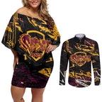 Personalized Brisbane Broncos Couples Matching Off Shoulder Short Dress and Long Sleeve Button Shirt Graffiti Grunge Abstract Urban Street Style Design