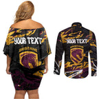 Personalized Brisbane Broncos Couples Matching Off Shoulder Short Dress and Long Sleeve Button Shirt Graffiti Grunge Abstract Urban Street Style Design