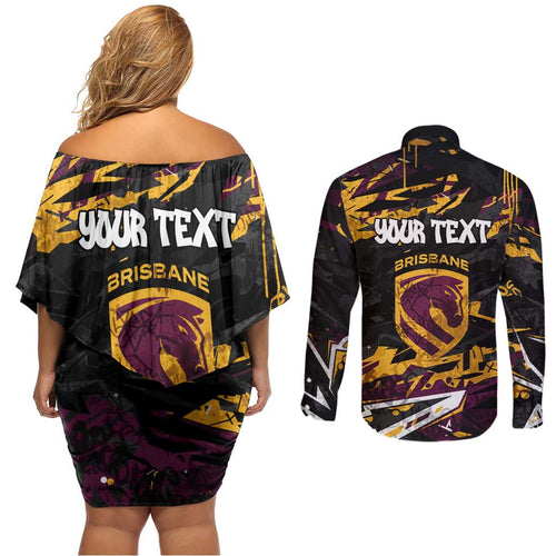 Personalized Brisbane Broncos Couples Matching Off Shoulder Short Dress and Long Sleeve Button Shirt Graffiti Grunge Abstract Urban Street Style Design