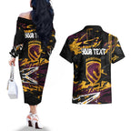 Personalized Brisbane Broncos Couples Matching Off The Shoulder Long Sleeve Dress and Hawaiian Shirt Graffiti Grunge Abstract Urban Street Style Design