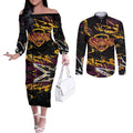 Personalized Brisbane Broncos Couples Matching Off The Shoulder Long Sleeve Dress and Long Sleeve Button Shirt Graffiti Grunge Abstract Urban Street Style Design