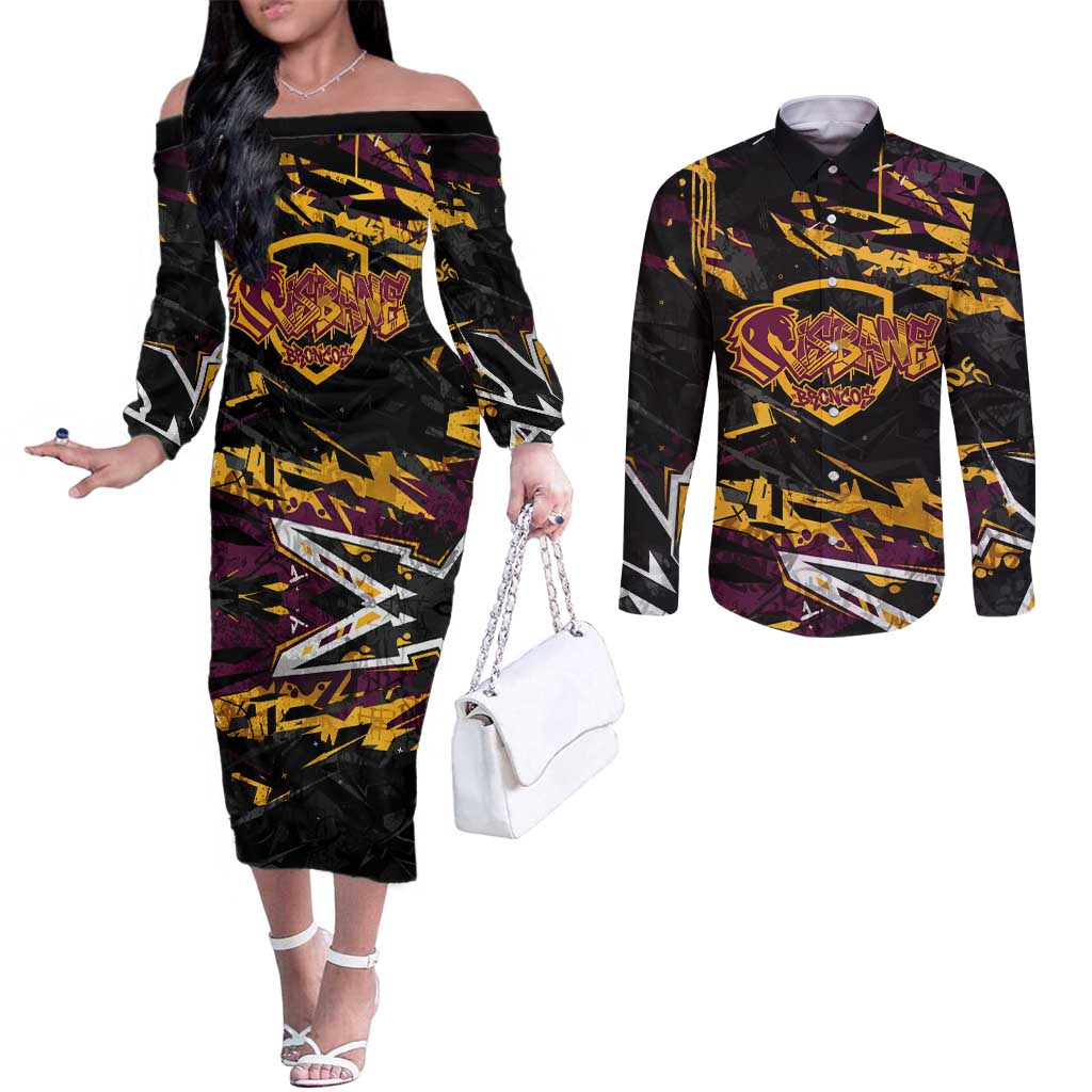 Personalized Brisbane Broncos Couples Matching Off The Shoulder Long Sleeve Dress and Long Sleeve Button Shirt Graffiti Grunge Abstract Urban Street Style Design