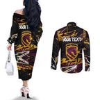 Personalized Brisbane Broncos Couples Matching Off The Shoulder Long Sleeve Dress and Long Sleeve Button Shirt Graffiti Grunge Abstract Urban Street Style Design