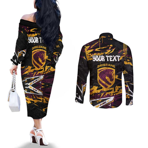Personalized Brisbane Broncos Couples Matching Off The Shoulder Long Sleeve Dress and Long Sleeve Button Shirt Graffiti Grunge Abstract Urban Street Style Design
