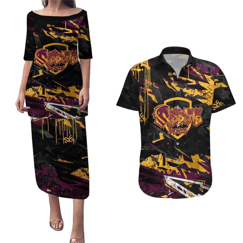 Personalized Brisbane Broncos Couples Matching Puletasi and Hawaiian Shirt Graffiti Grunge Abstract Urban Street Style Design