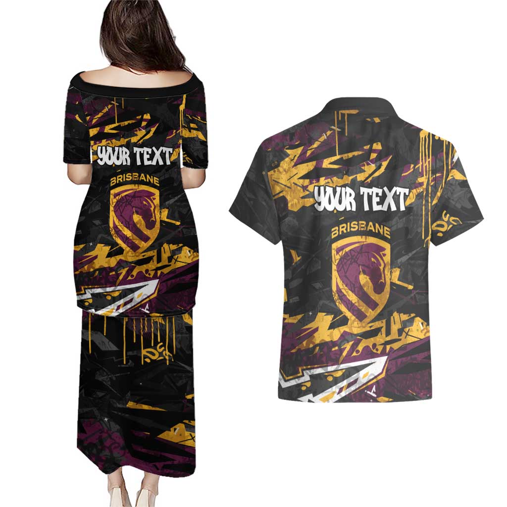 Personalized Brisbane Broncos Couples Matching Puletasi and Hawaiian Shirt Graffiti Grunge Abstract Urban Street Style Design