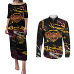 Personalized Brisbane Broncos Couples Matching Puletasi and Long Sleeve Button Shirt Graffiti Grunge Abstract Urban Street Style Design