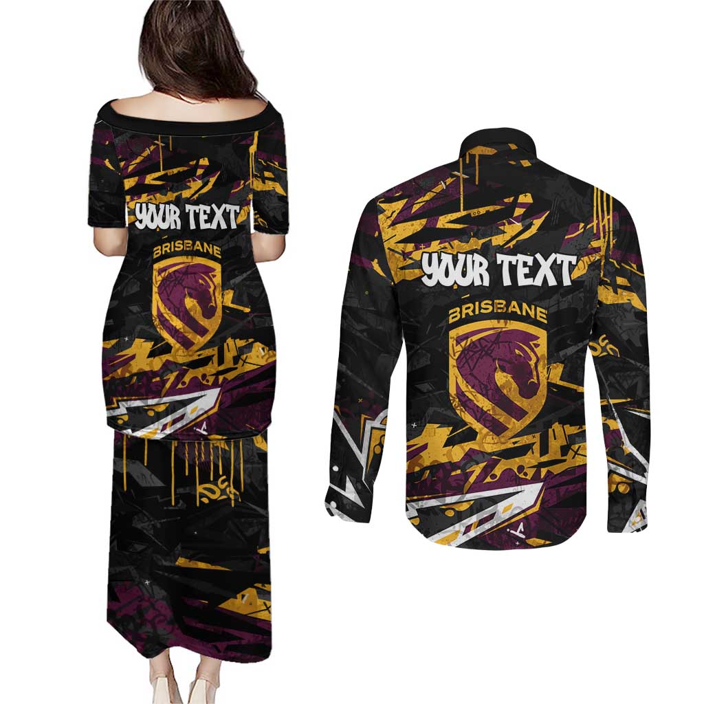 Personalized Brisbane Broncos Couples Matching Puletasi and Long Sleeve Button Shirt Graffiti Grunge Abstract Urban Street Style Design