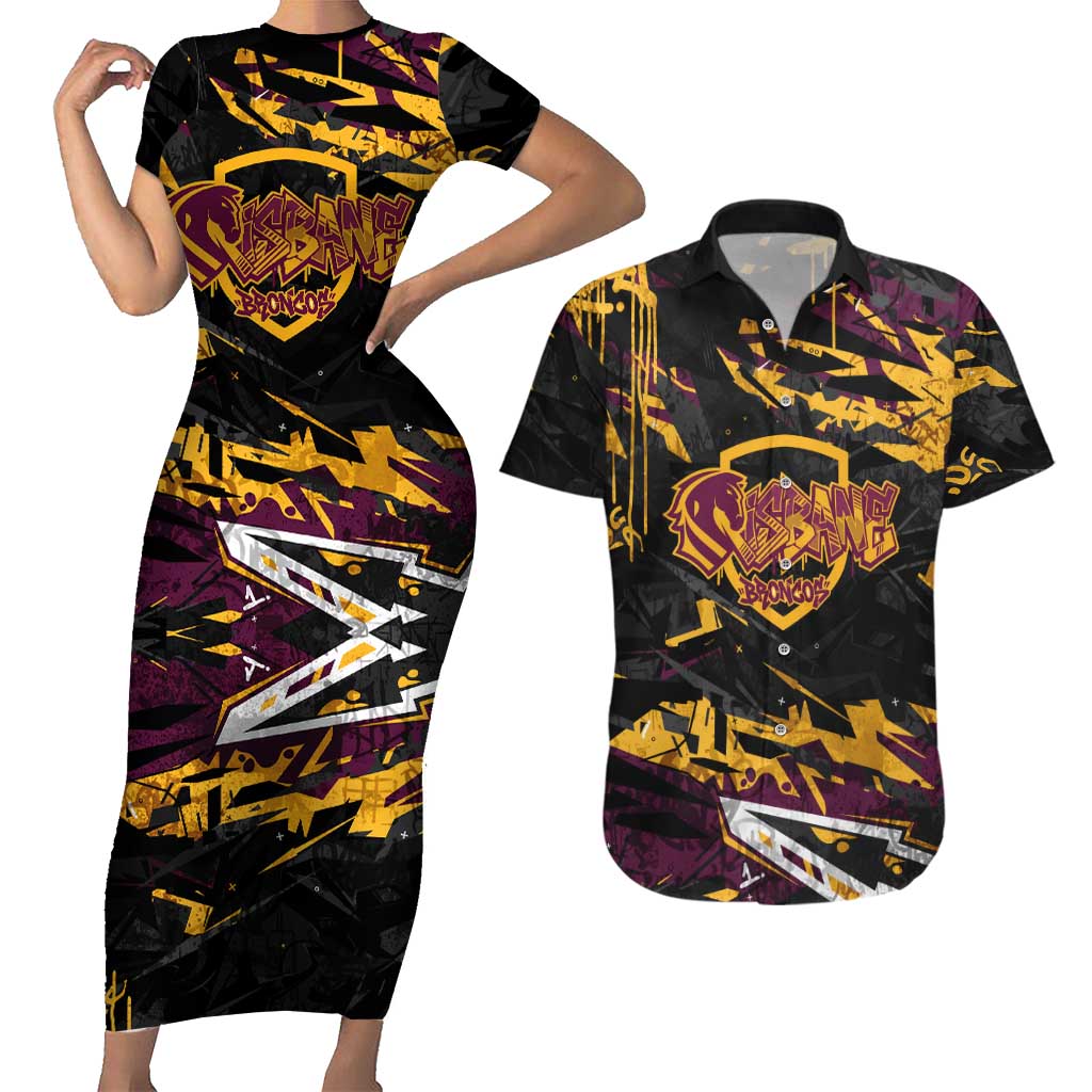 Personalized Brisbane Broncos Couples Matching Short Sleeve Bodycon Dress and Hawaiian Shirt Graffiti Grunge Abstract Urban Street Style Design