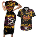 Personalized Brisbane Broncos Couples Matching Short Sleeve Bodycon Dress and Hawaiian Shirt Graffiti Grunge Abstract Urban Street Style Design