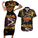 Personalized Brisbane Broncos Couples Matching Short Sleeve Bodycon Dress and Hawaiian Shirt Graffiti Grunge Abstract Urban Street Style Design