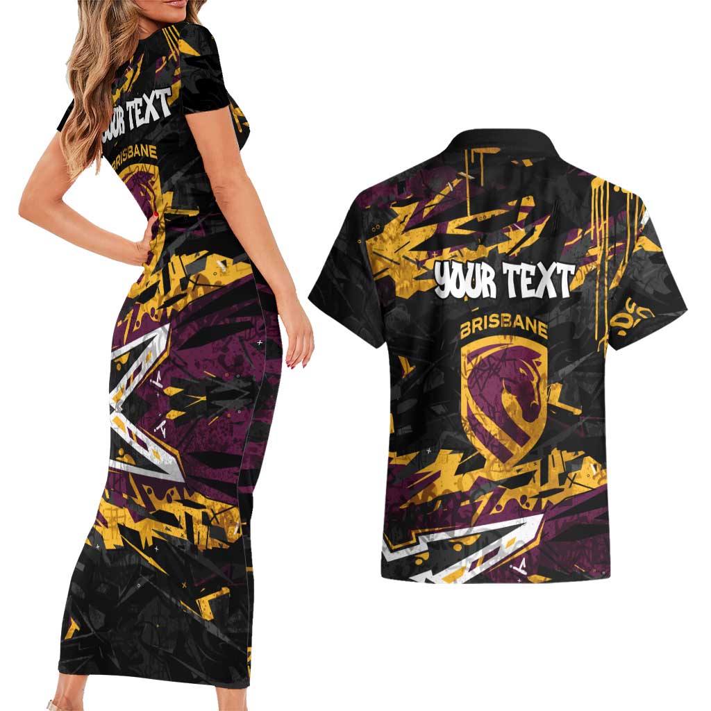 Personalized Brisbane Broncos Couples Matching Short Sleeve Bodycon Dress and Hawaiian Shirt Graffiti Grunge Abstract Urban Street Style Design