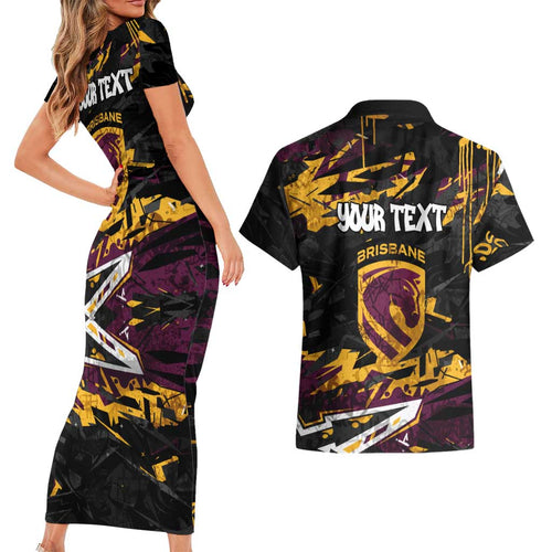 Personalized Brisbane Broncos Couples Matching Short Sleeve Bodycon Dress and Hawaiian Shirt Graffiti Grunge Abstract Urban Street Style Design