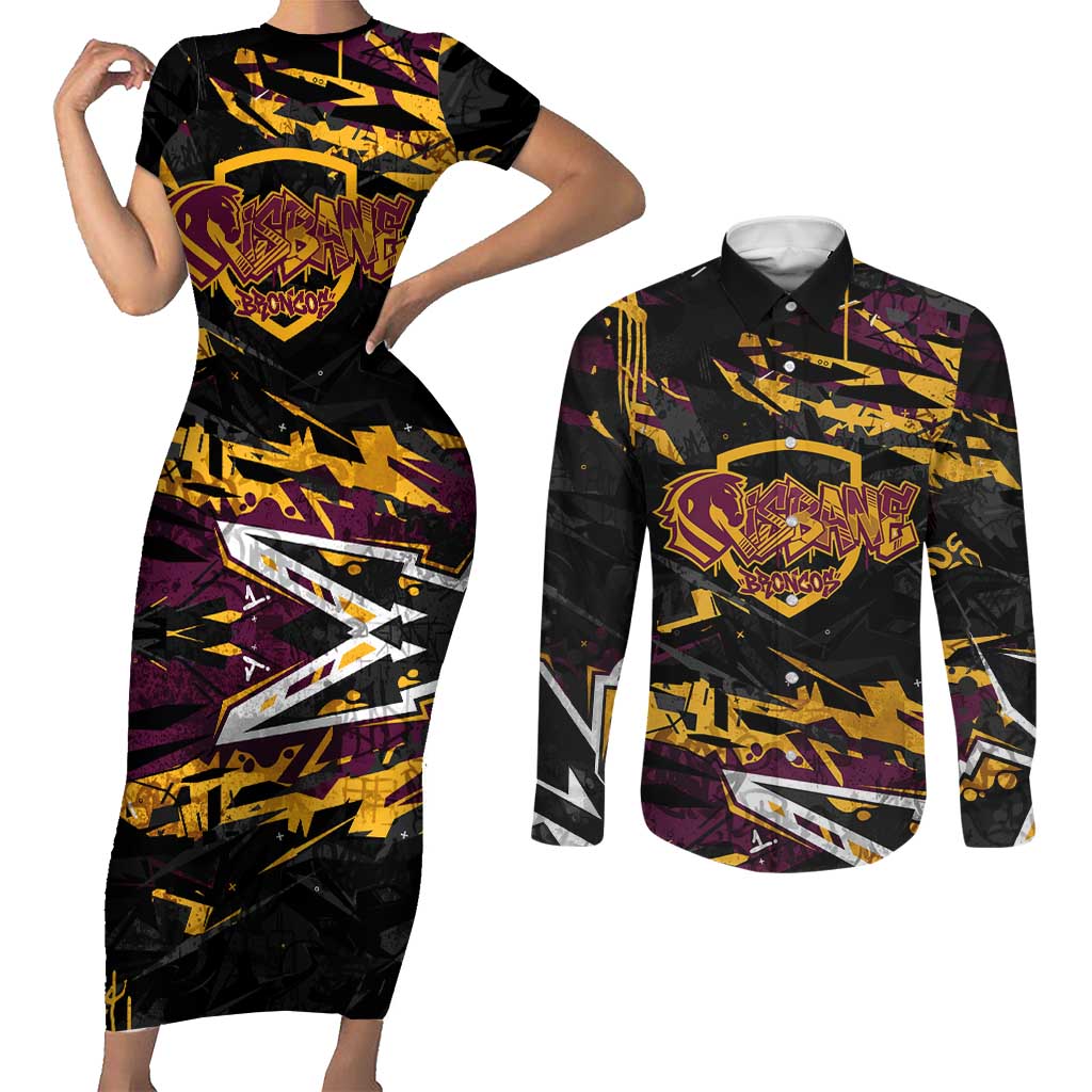 Personalized Brisbane Broncos Couples Matching Short Sleeve Bodycon Dress and Long Sleeve Button Shirt Graffiti Grunge Abstract Urban Street Style Design